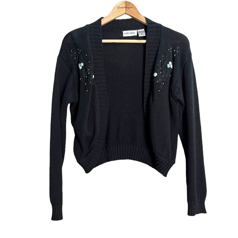 Vintage‎ Cropped Black Floral Jeweled Cardigan Cristina Size Small
